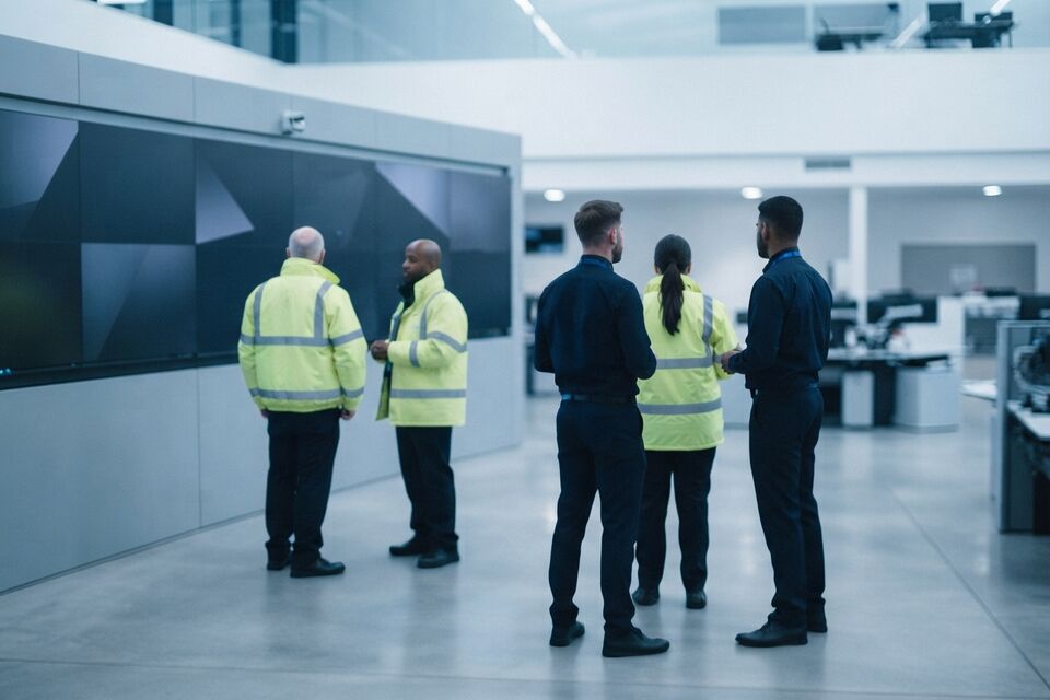 Airport staff in high-visibility jackets and navy uniforms talk together in an operations room.