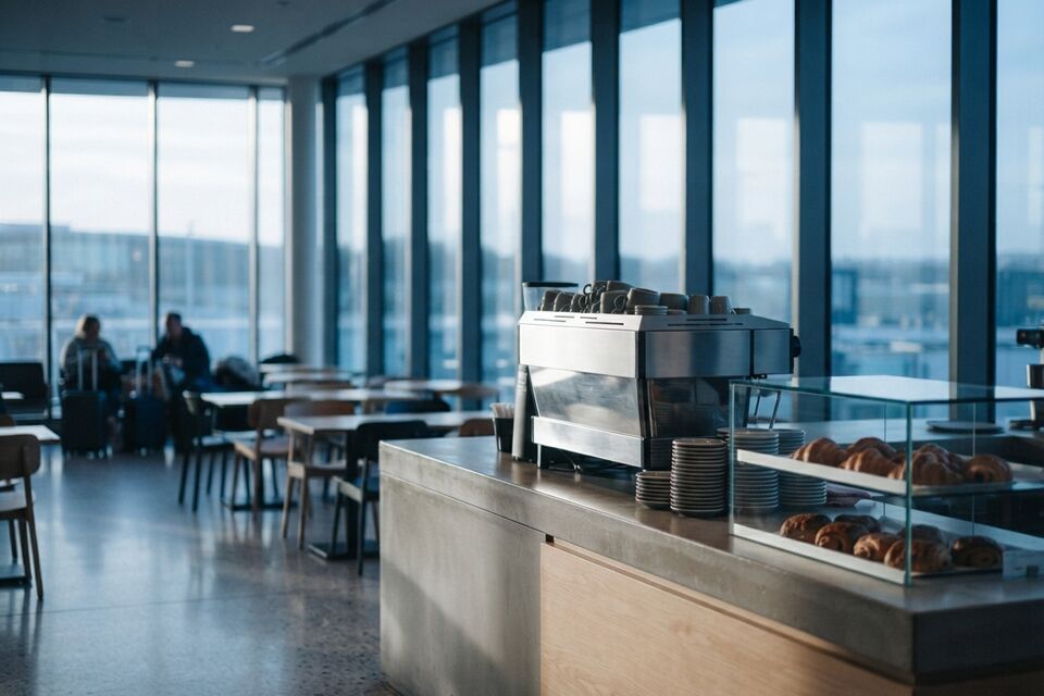 A coffee machine and a case of pastries on a cafe counter beside tall terminal windows.