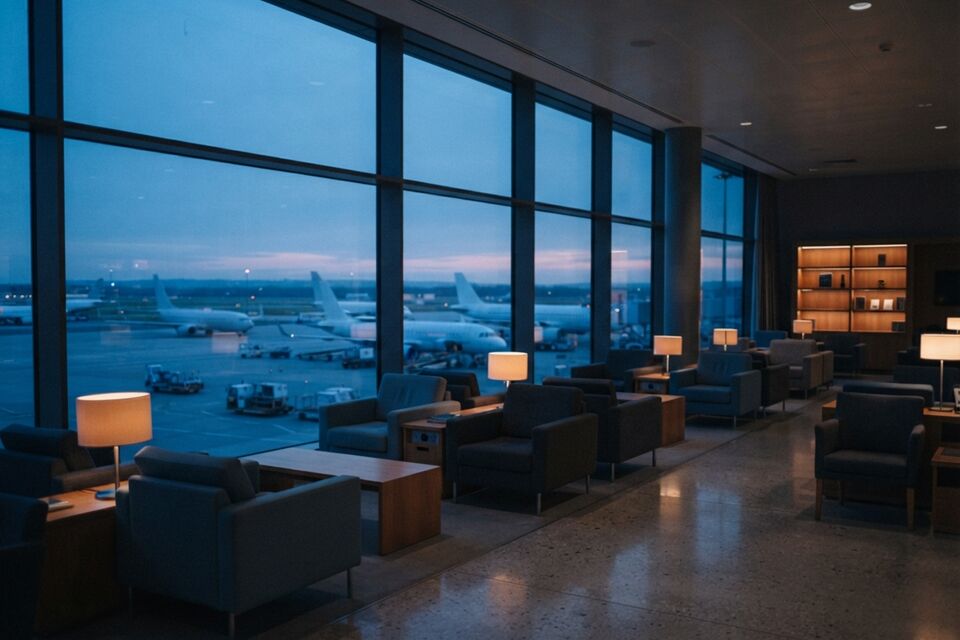 Armchairs and lamps in a quiet lounge look out through tall windows at aircraft on the apron at dawn.